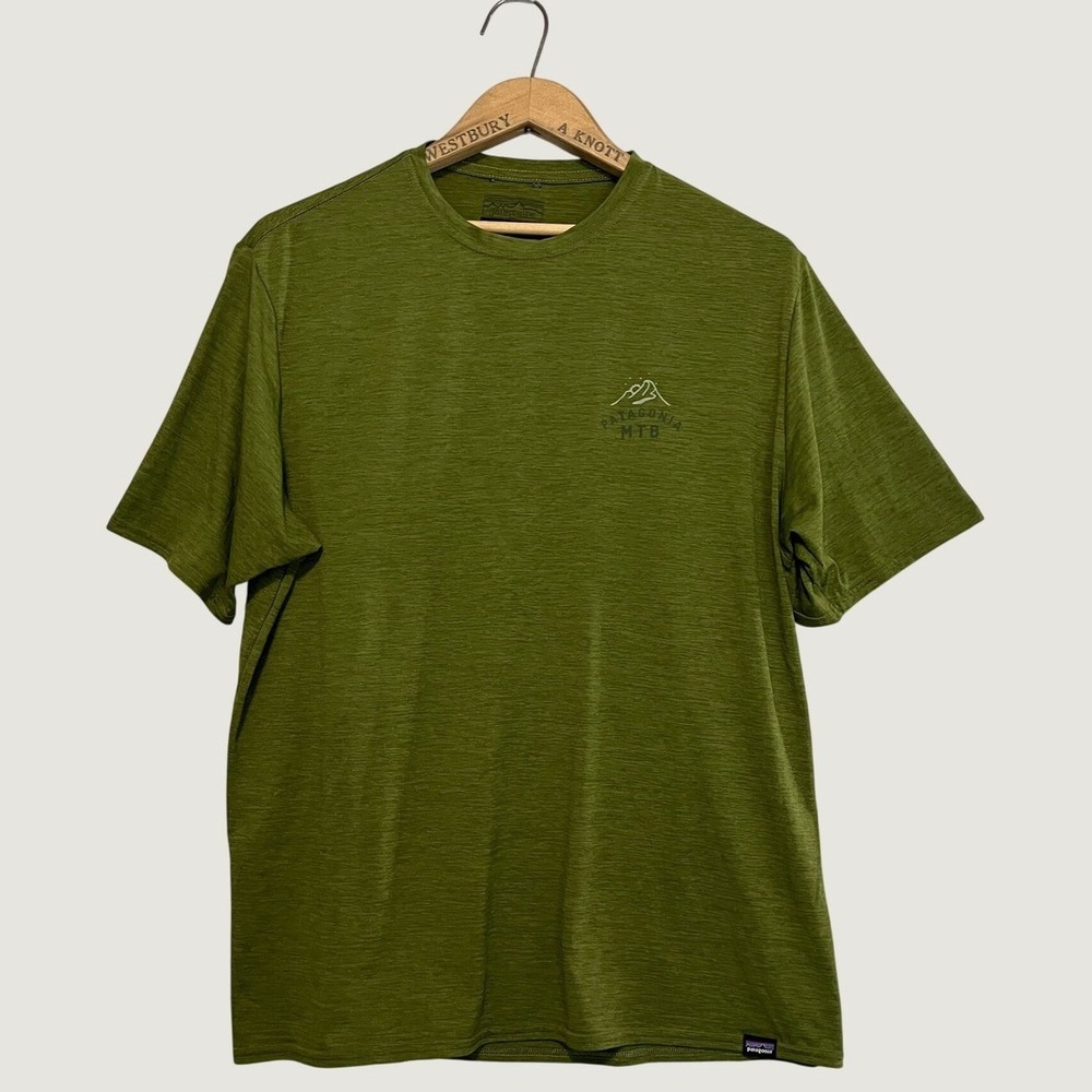 Patagonia MTB Capilene Cool Trail Graphic Shirt Mens Large Green Short Sleeve